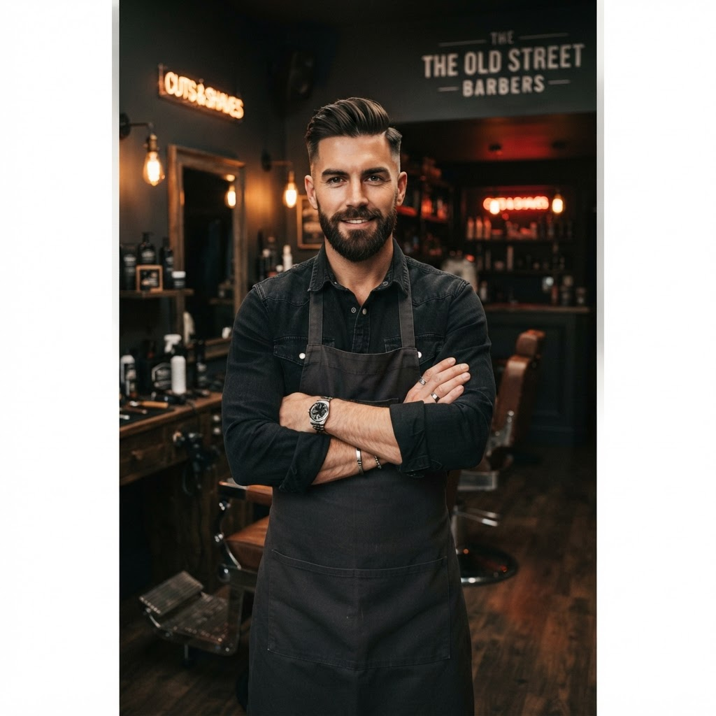Confident barber in a modern dark barbershop